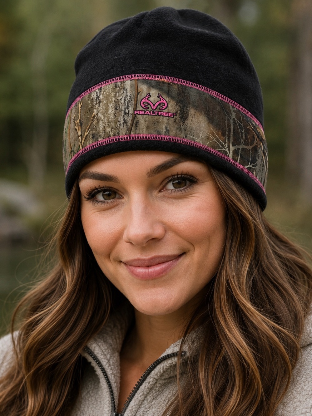 REALTREE Women’s Camo Fleece Beanie Pink Logo One Size